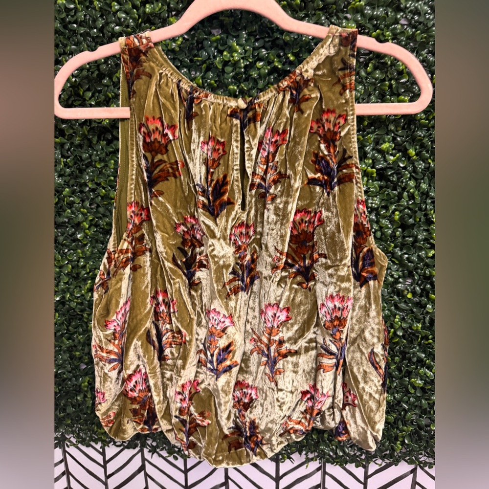 Anthropologie Olive Green Velvet Floral Tank with Pink & Navy Accents
